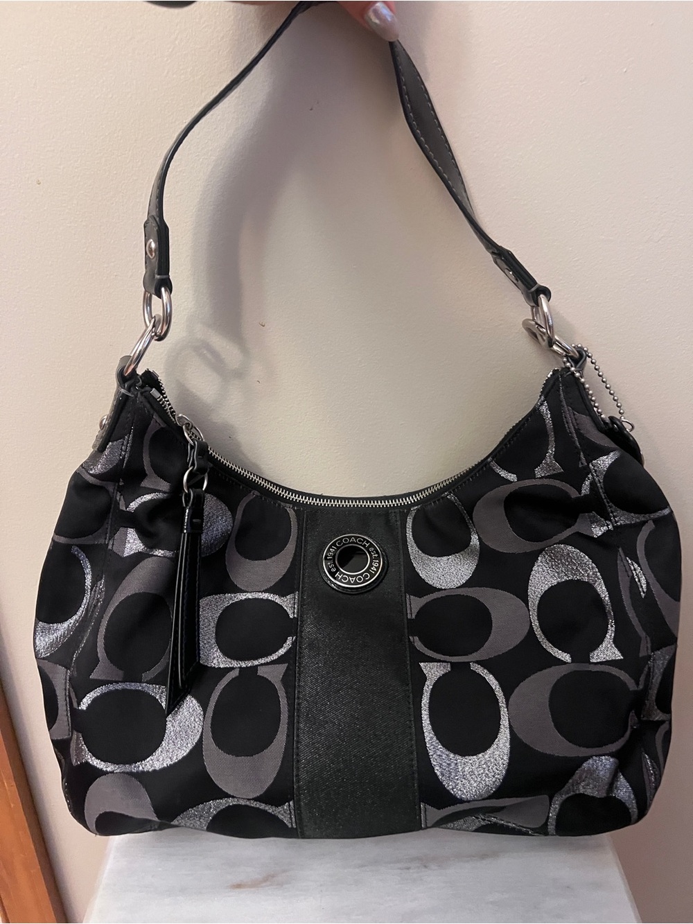 Coach Black, Gray, and Silver Signature Logo Hobo Shoulder Bag